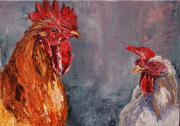 Acrylic painting of rooster and hen